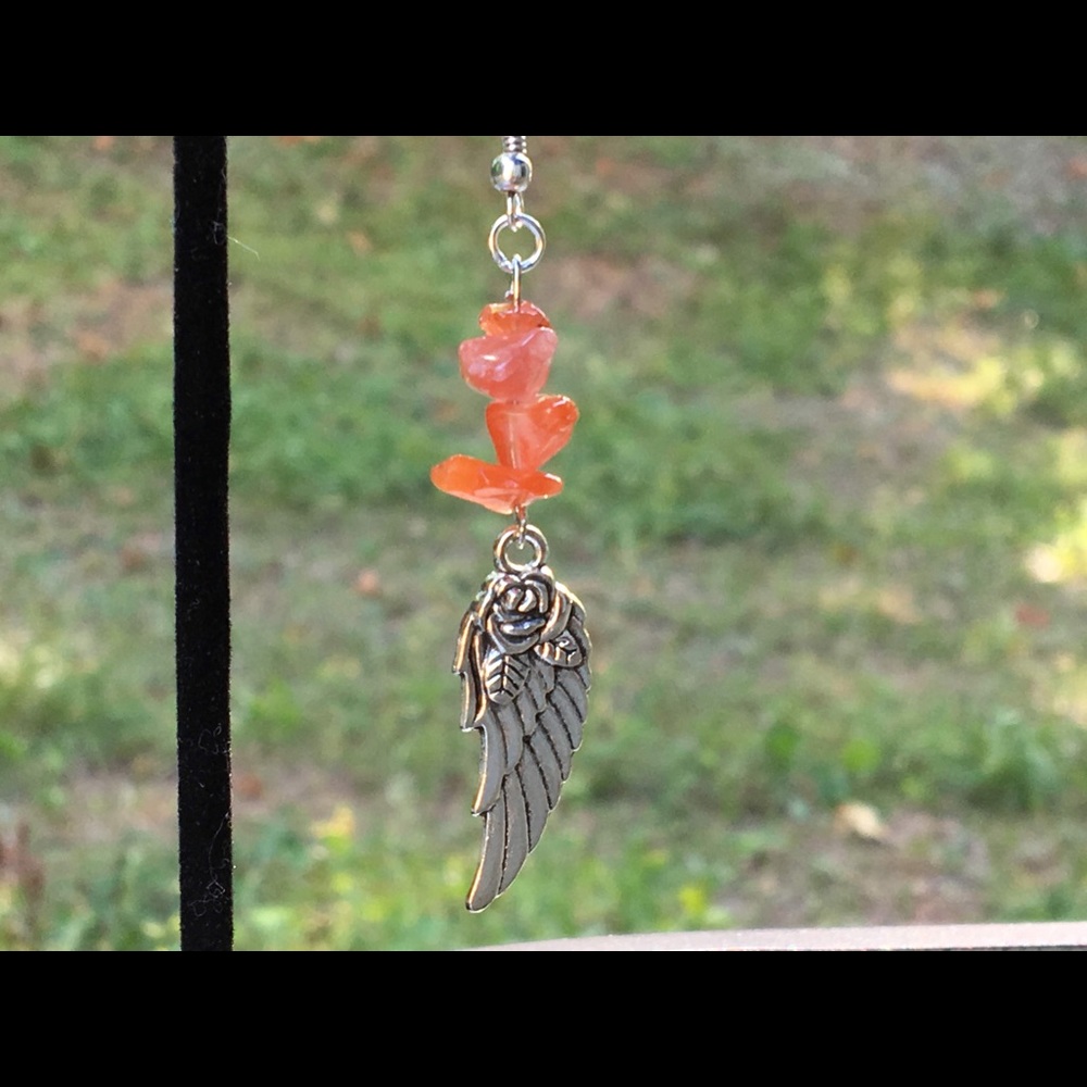 Red Fire Agate Silver Angel Wing Dangle Earrings - Picture 5 of 8